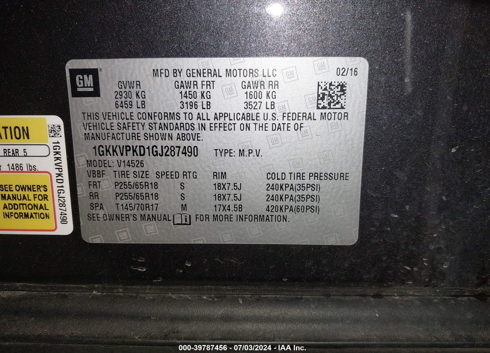 2016 GMC ACADIA VIN: 1GKKVPKD1GJ287490