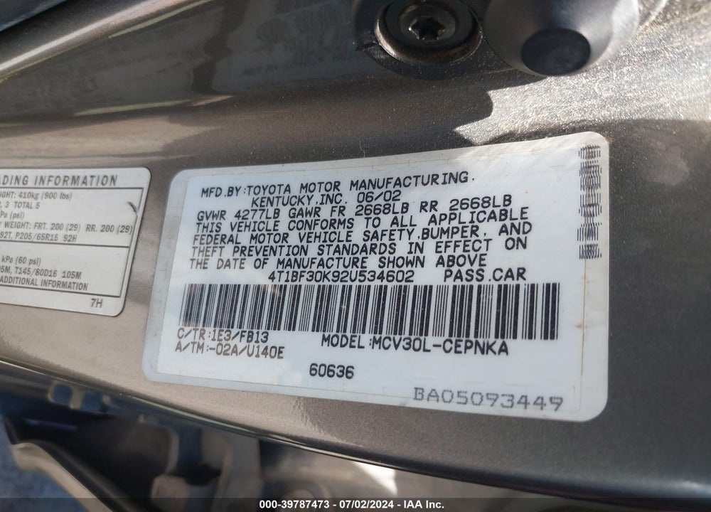 2002 TOYOTA CAMRY LE V6 VIN: 4T1BF30K92U534602