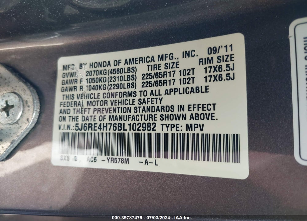 2011 HONDA CR-V EX-L VIN: 5J6RE4H76BL102982