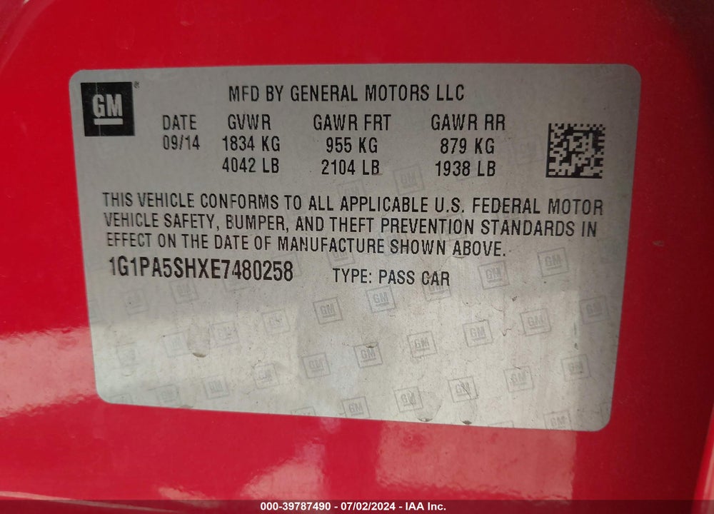 2014 CHEVROLET CRUZE LS AUTO VIN: 1G1PA5SHXE7480258