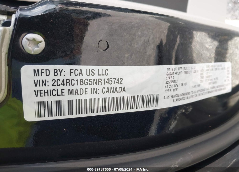 2022 CHRYSLER PACIFICA TOURING L VIN: 2C4RC1BG5NR145742