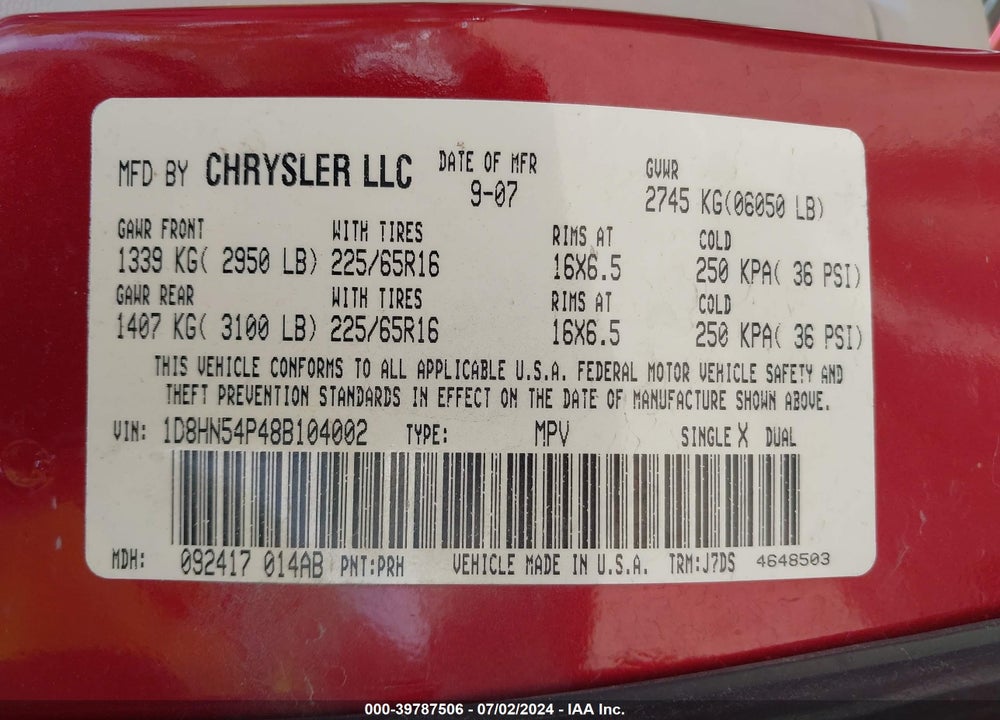 2008 DODGE GRAND CARAVAN SXT VIN: 1D8HN54P48B104002