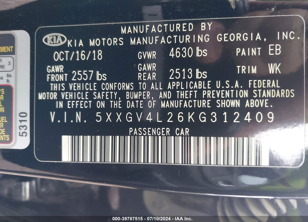2019 KIA OPTIMA SX TURBO VIN: 5XXGV4L26KG312409