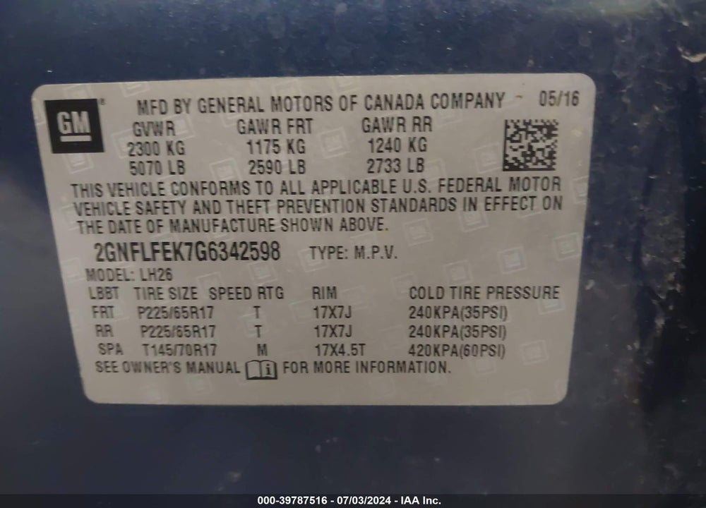 2016 CHEVROLET EQUINOX LT VIN: 2GNFLFEK7G6342598