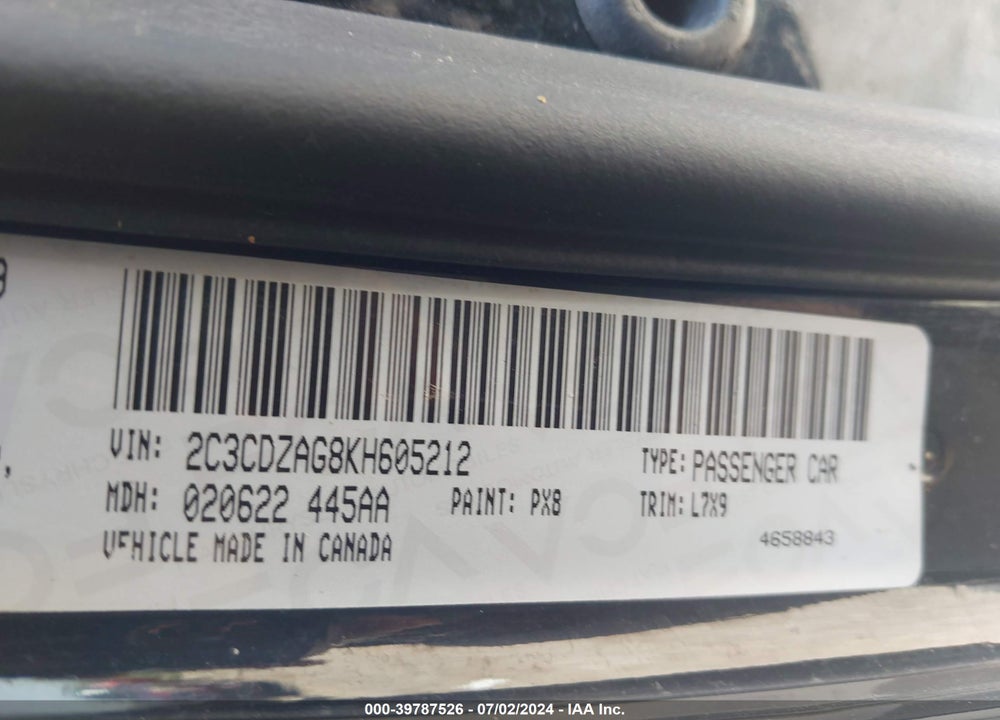 2019 DODGE CHALLENGER SXT VIN: 2C3CDZAG8KH605212