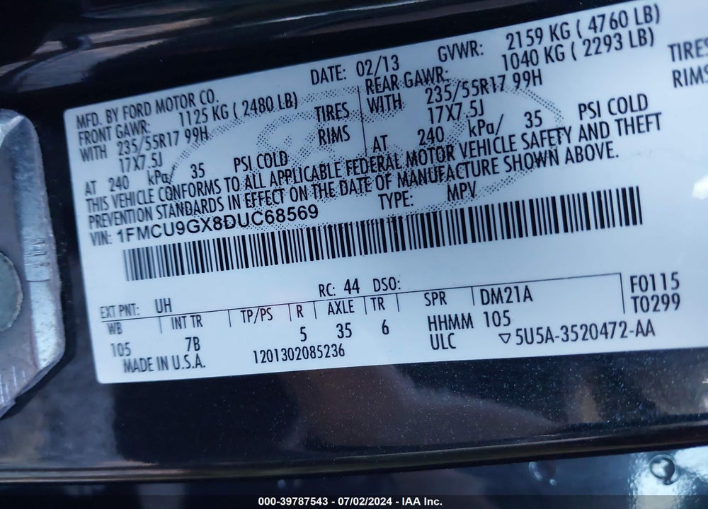 2013 FORD ESCAPE VIN: 1FMCU9GX8DVC68569