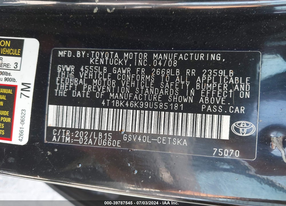 2009 TOYOTA CAMRY SE V6 VIN: 4T1BK46K99U585181