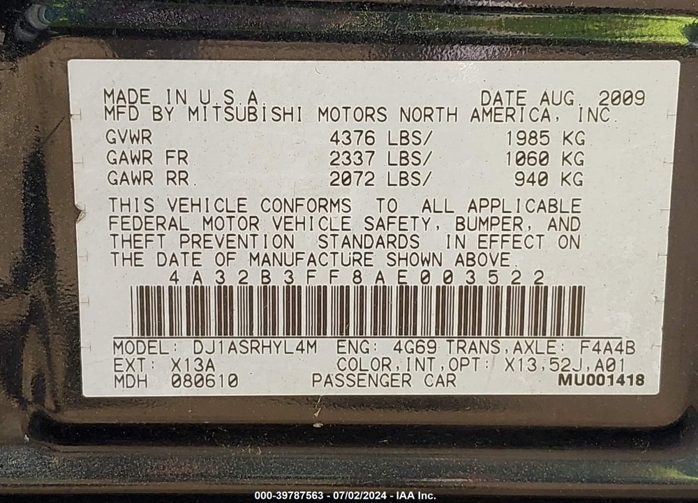 2010 MITSUBISHI GALANT ES/SE VIN: 4A32B3FF8AE003522