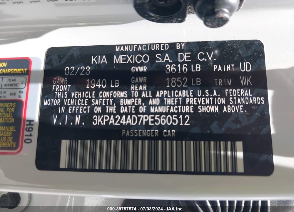 2023 KIA RIO LX VIN: 3KPA24AD7PE560512
