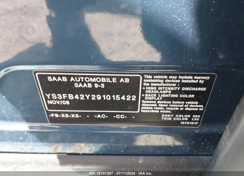 2009 SAAB 9-3 2.0T VIN: YS3FB42Y291015422
