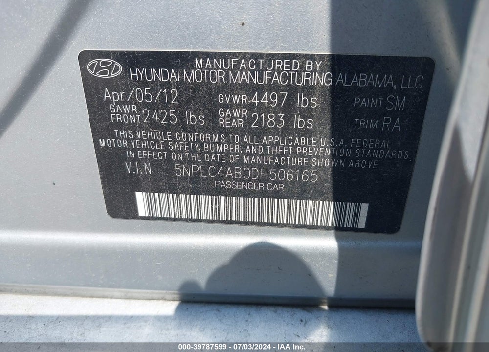 2013 HYUNDAI SONATA SE 2.0T VIN: 5NPEC4AB0DH506165