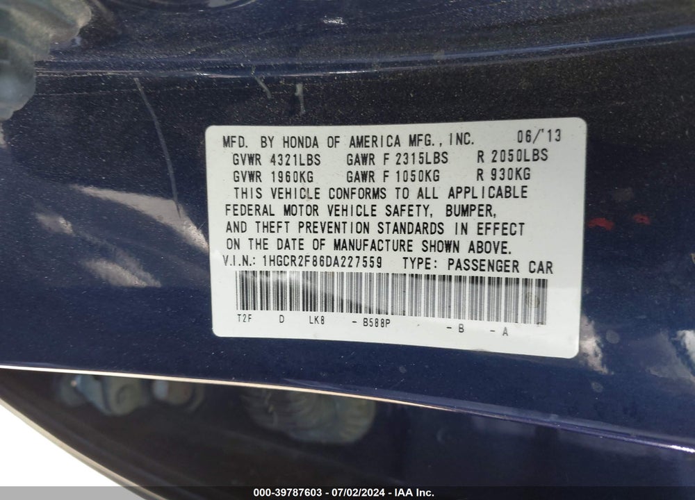 2013 HONDA ACCORD EX-L VIN: 1HGCR2F86DA227559