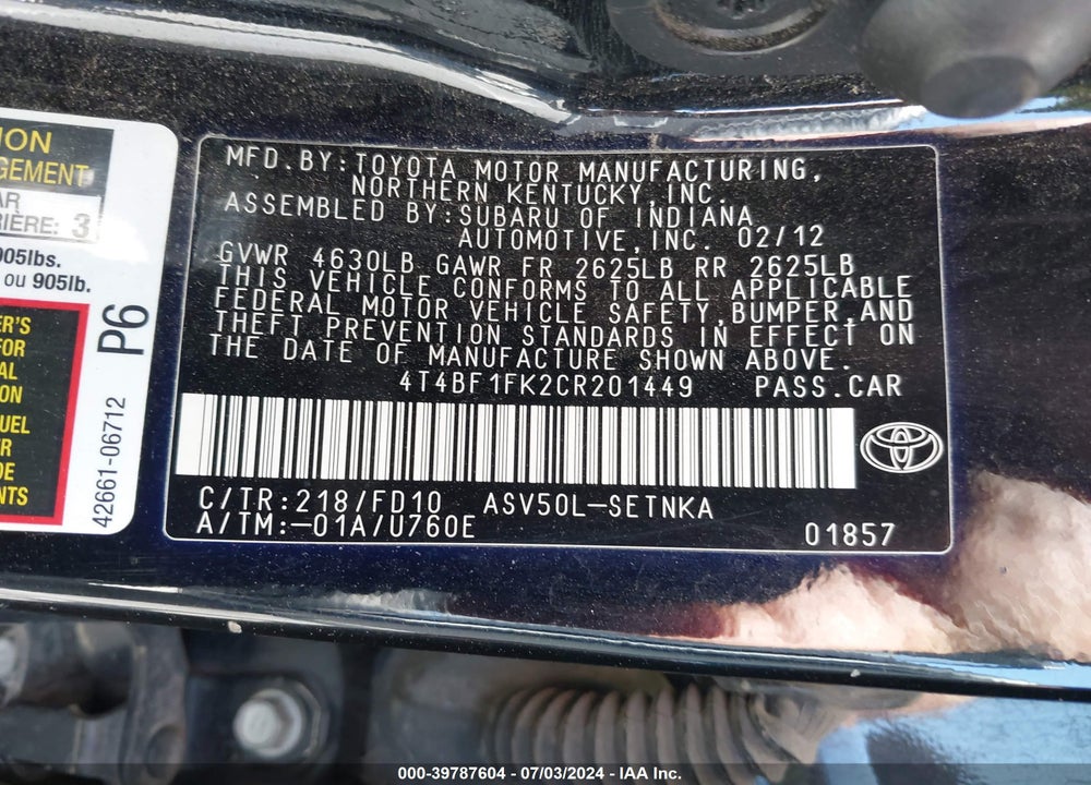 2012 TOYOTA CAMRY LE VIN: 4T4BF1FK2CR201449