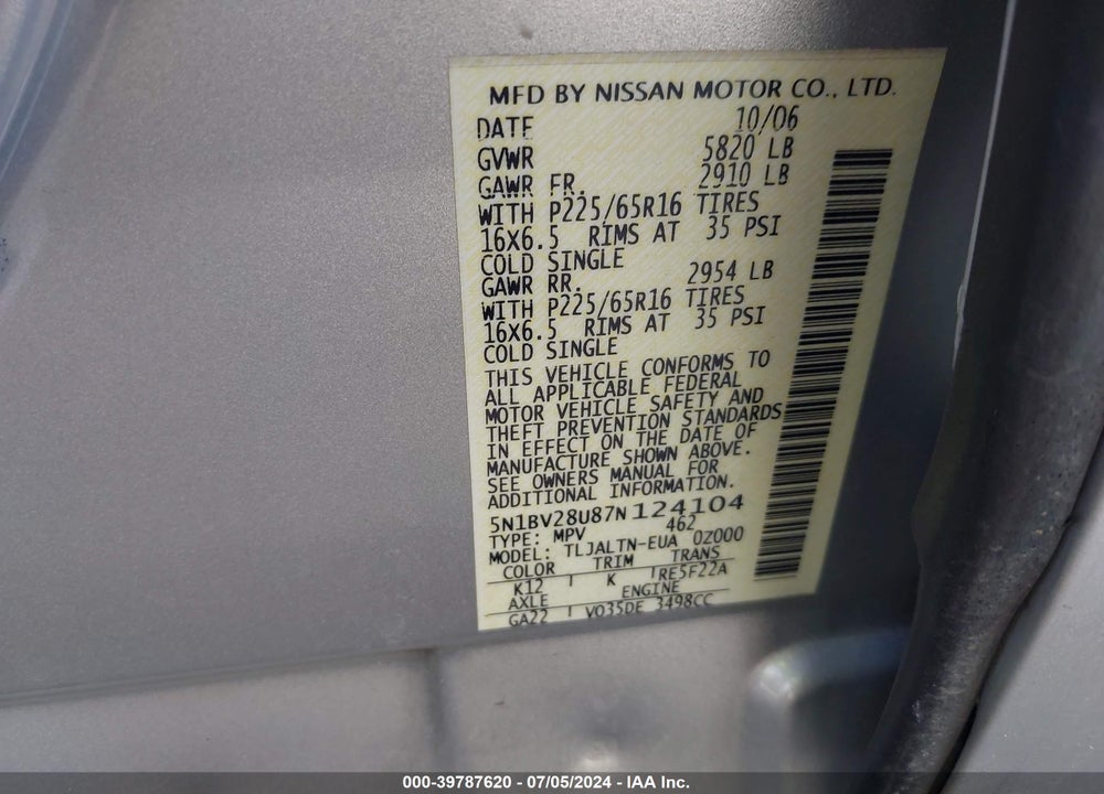 2007 NISSAN QUEST 3.5 SL VIN: 5N1BV28U87N124104