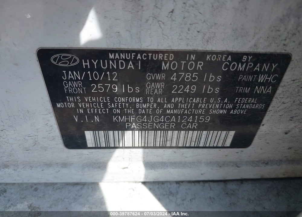 2012 HYUNDAI AZERA VIN: KMHFG4JG4CA124159