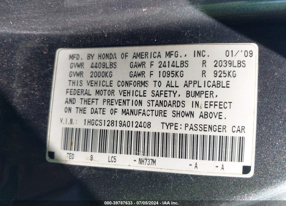 2009 HONDA ACCORD 2.4 EX-L VIN: 1HGCS12819A012408