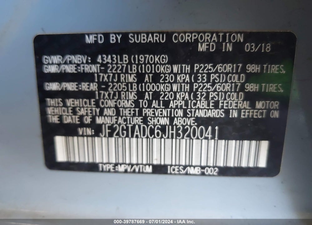 2018 SUBARU CROSSTREK 2.0I PREMIUM VIN: JF2GTADC6JH320041