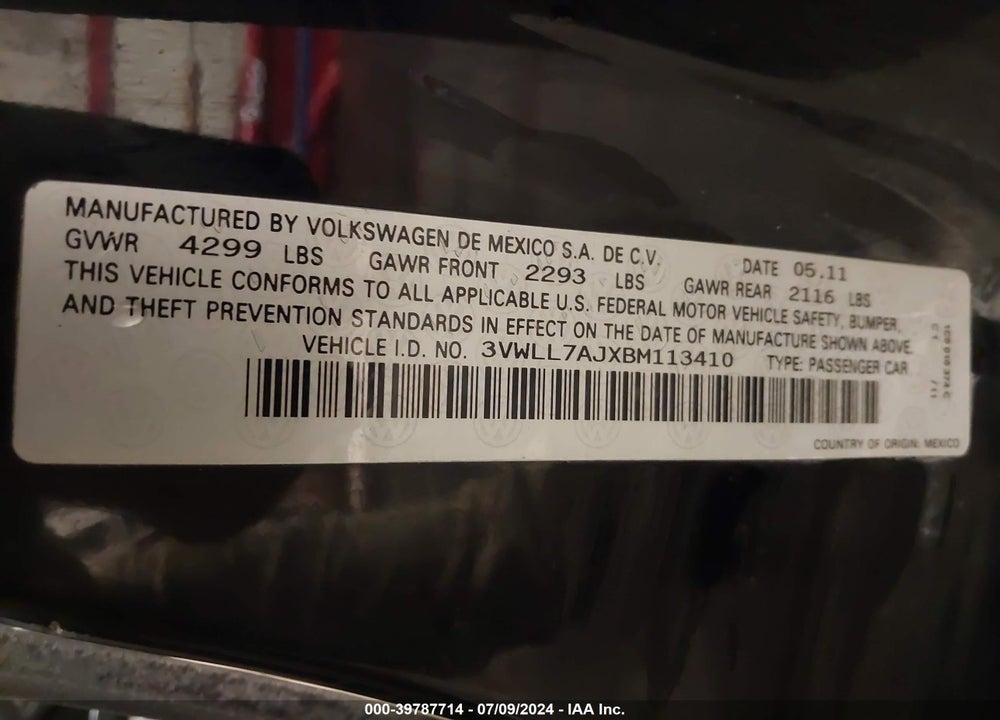 2011 VOLKSWAGEN JETTA 2.0L TDI VIN: 3VWLL7AJXBM113410