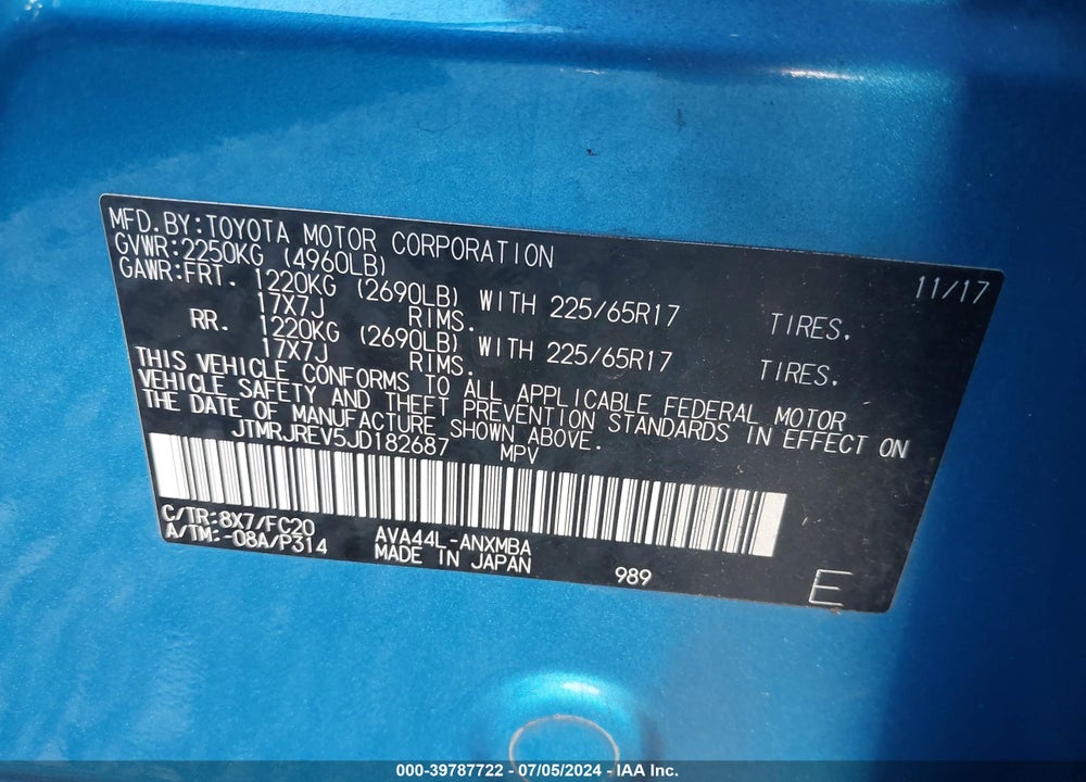 2018 TOYOTA RAV4 HYBRID XLE VIN: JTMRJREV5JD182687