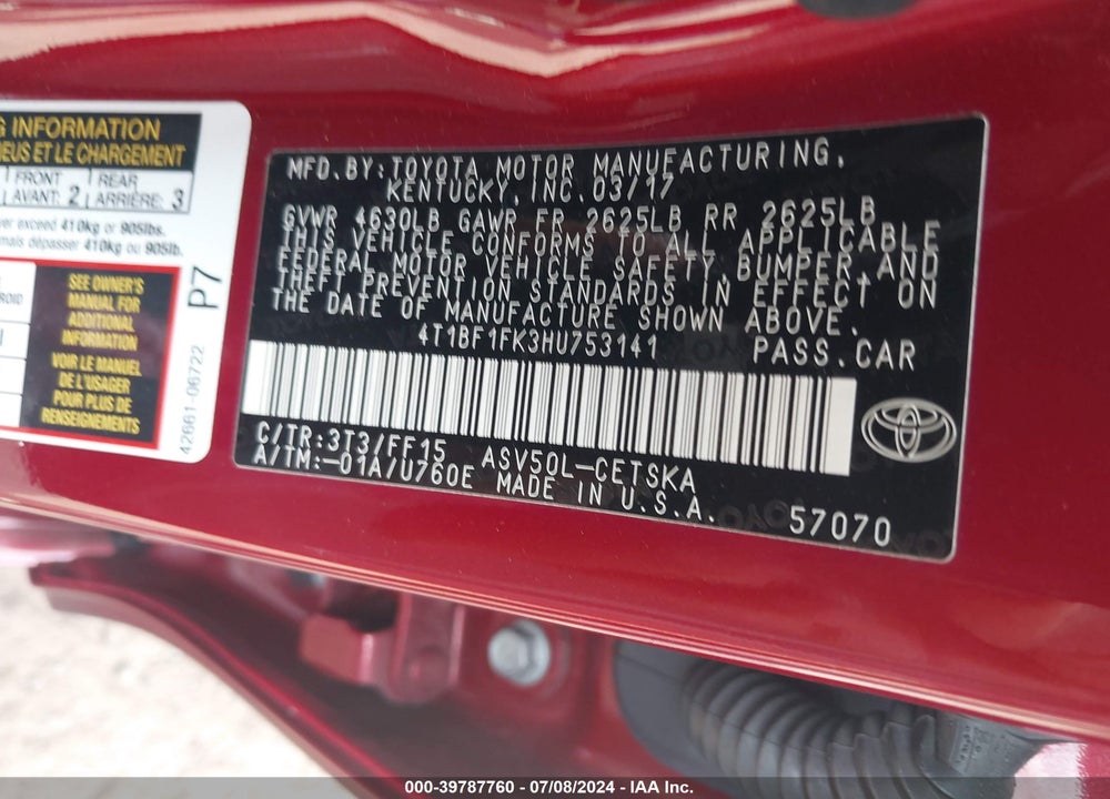 2017 TOYOTA CAMRY SE VIN: 4T1BF1FK3HU753141