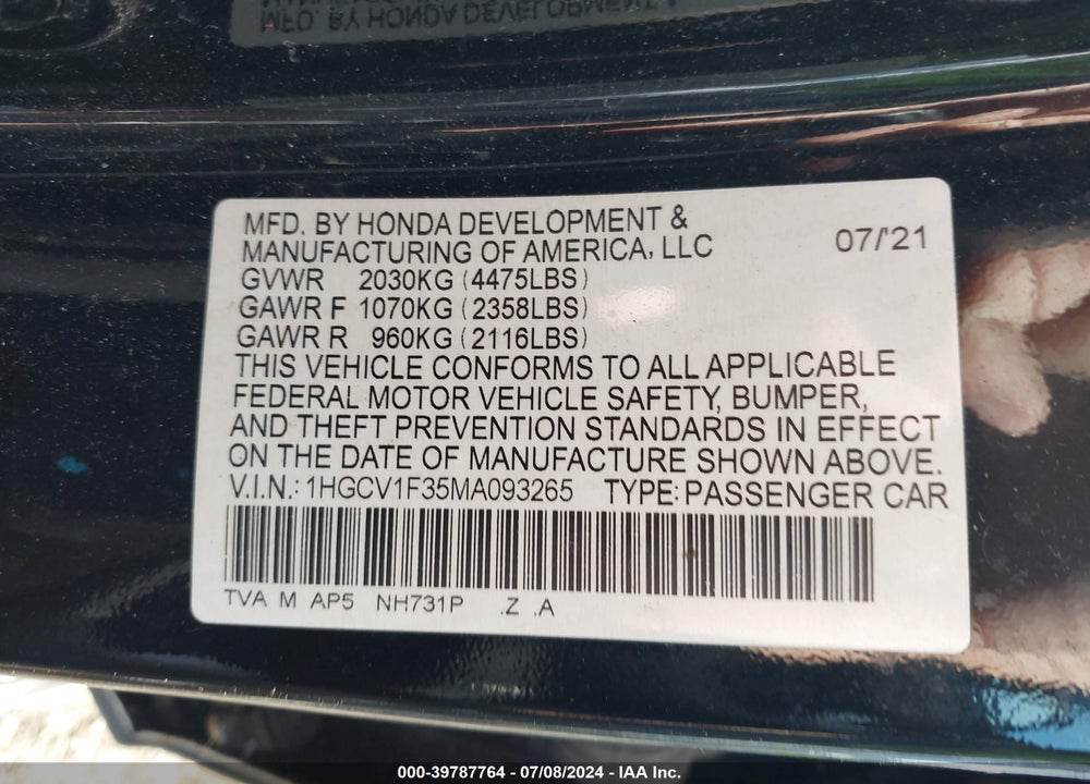 2021 HONDA ACCORD SPORT VIN: 1HGCV1F35MA093265