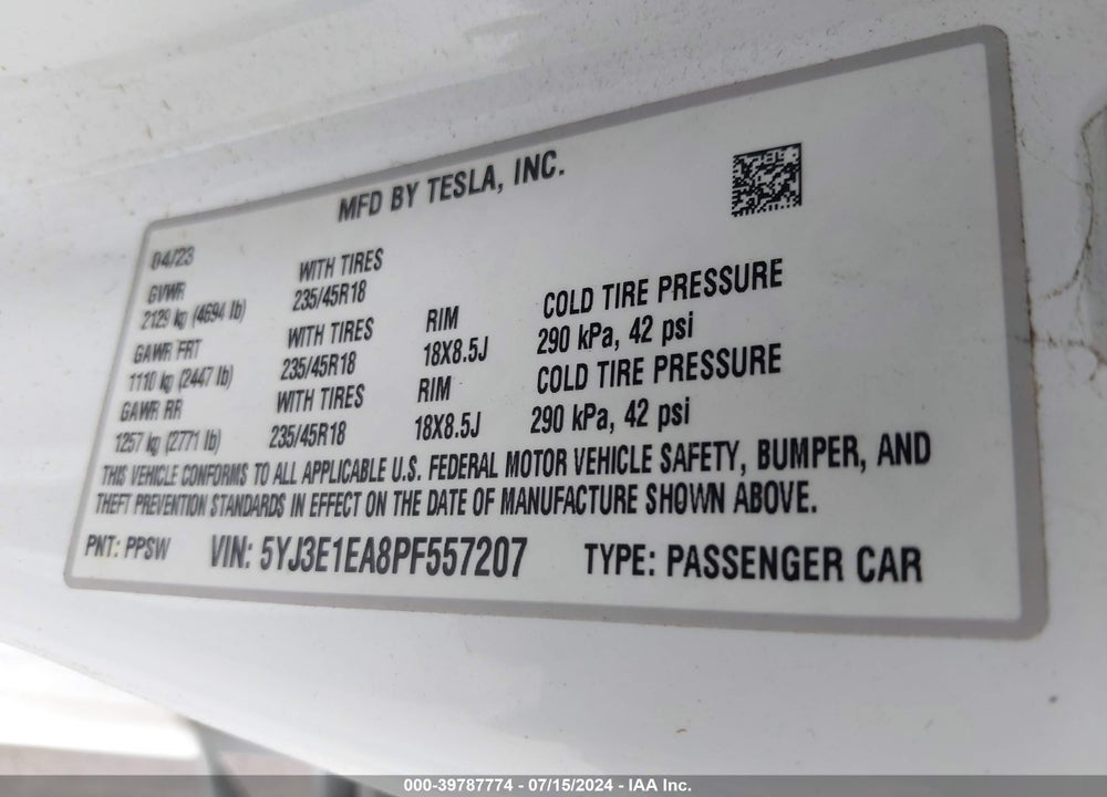 2023 TESLA MODEL 3 REAR-WHEEL DRIVE VIN: 5YJ3E1EA8PF557207