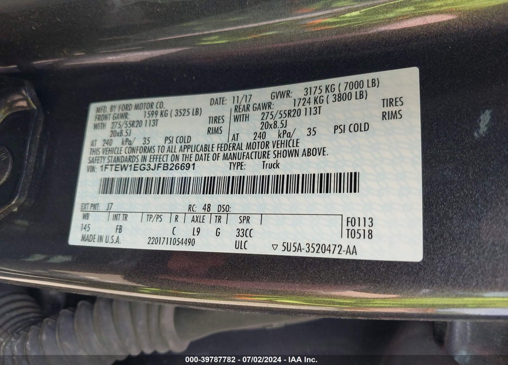 2018 FORD F-150 XLT VIN: 1FTEW1EG3JFB26691