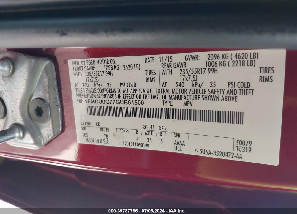 2016 FORD ESCAPE SE VIN: 1FMCU0G77GUB61500