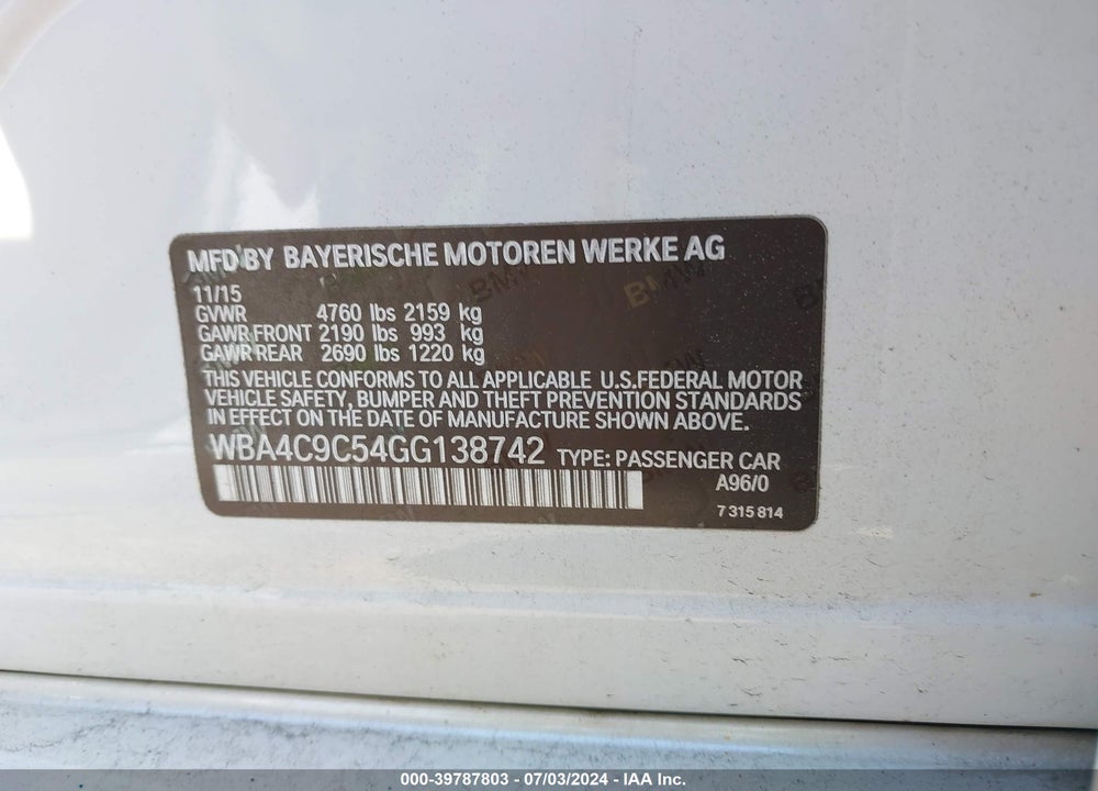 2016 BMW 428I GRAN COUPE XDRIVE VIN: WBA4C9C54GG138742