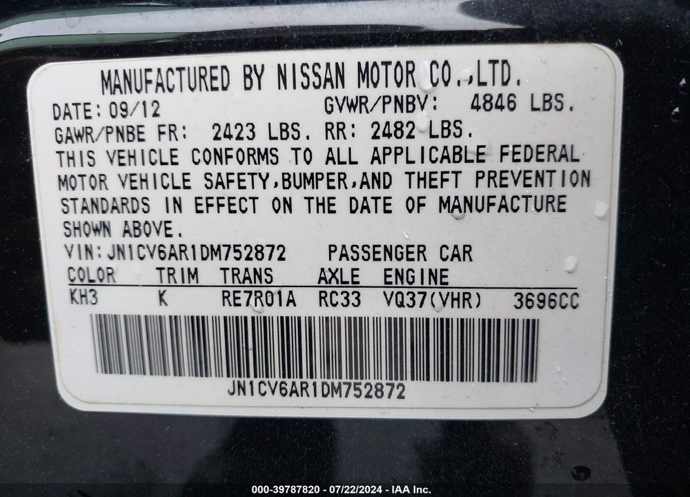2013 INFINITI G37X VIN: JN1CV6AR1DM752872