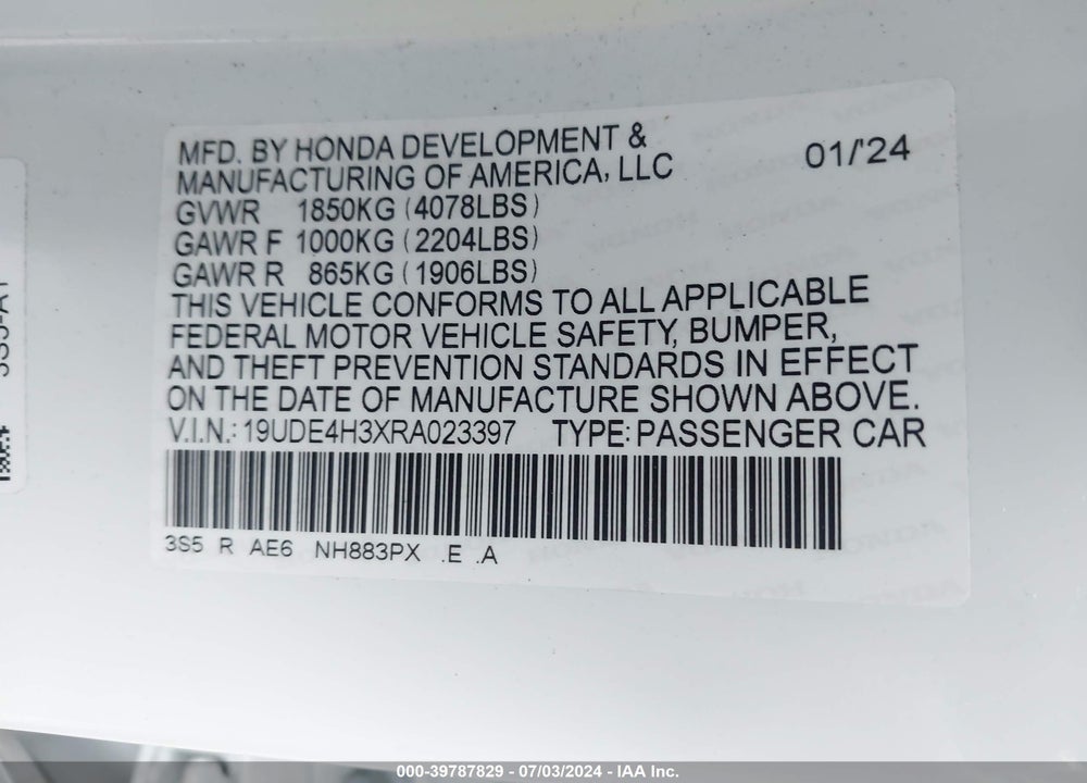2024 ACURA INTEGRA A-SPEC VIN: 19UDE4H3XRA023397