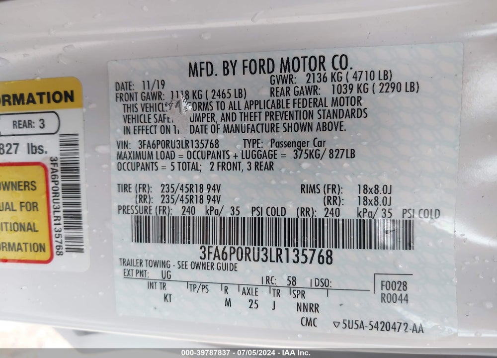2020 FORD FUSION HYBRID TITANIUM VIN: 3FA6P0RU3LR135768