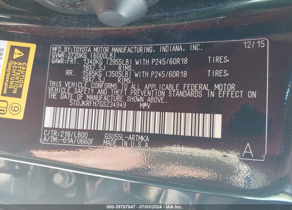 2016 TOYOTA HIGHLANDER XLE V6 VIN: 5TDJKRFH7GS234949