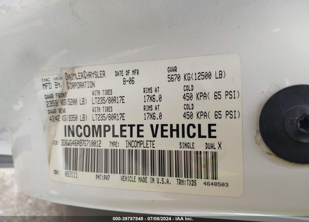 2007 DODGE RAM 3500 HD CHASSIS VIN: 3D6WG46A97G710012