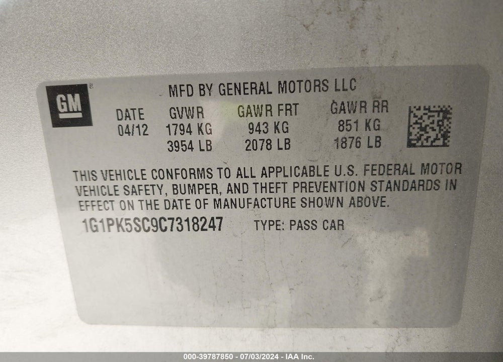 2012 CHEVROLET CRUZE ECO VIN: 1G1PK5SC9C7318247