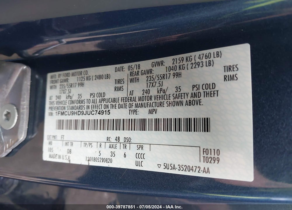 2018 FORD ESCAPE SEL VIN: 1FMCU9HD9JUC74915