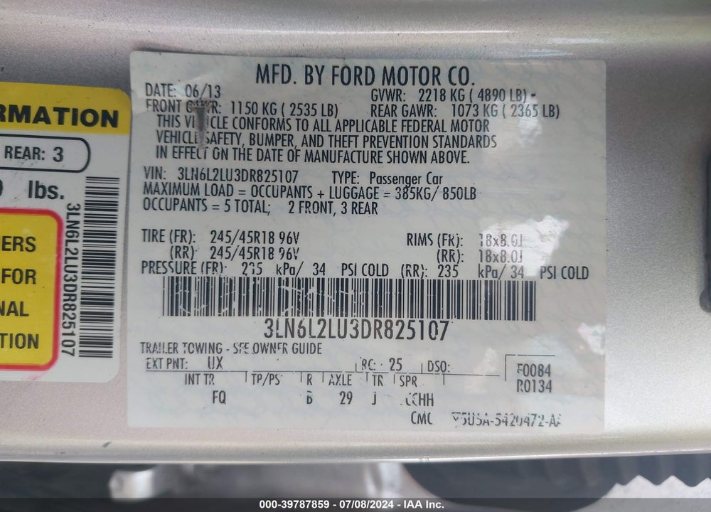 2013 LINCOLN MKZ HYBRID VIN: 3LN6L2LU3DR825107