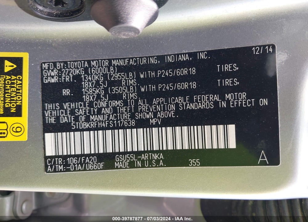 2015 TOYOTA HIGHLANDER LE PLUS V6 VIN: 5TDBKRFH4FS117638