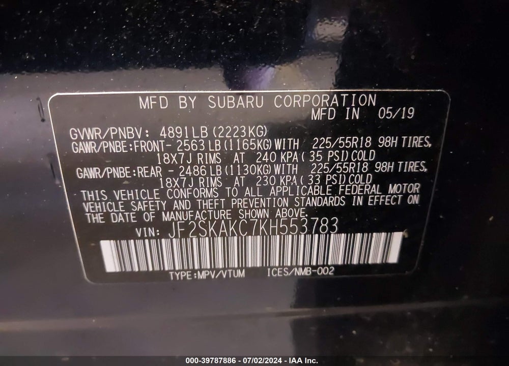 2019 SUBARU FORESTER SPORT VIN: JF2SKAKC7KH553783