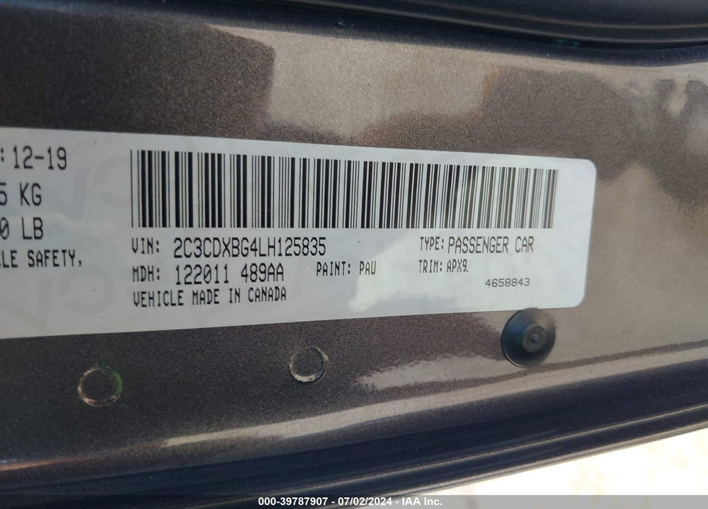 2020 DODGE CHARGER SXT RWD VIN: 2C3CDXBG4LH125835