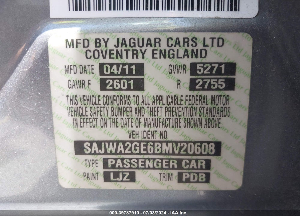 2011 JAGUAR XJ XJL SUPERCHARGED VIN: SAJWA2GE6BMV20608