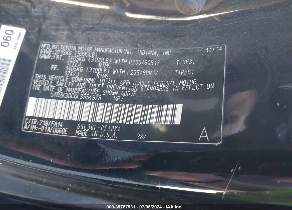 2015 TOYOTA SIENNA L 7 PASSENGER VIN: 5TDZK3DC6FS554978
