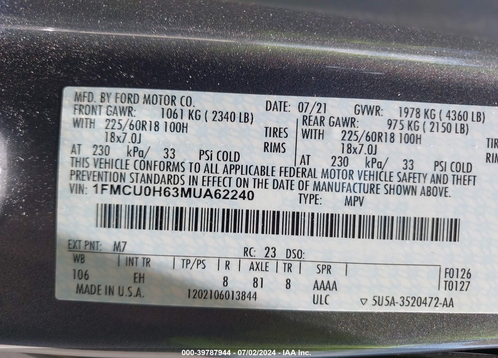 2021 FORD ESCAPE SEL VIN: 1FMCU0H63MUA62240