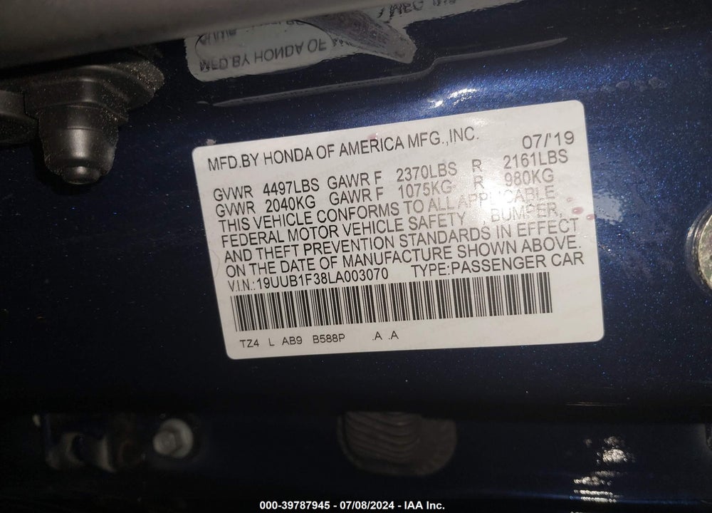 2020 ACURA TLX STANDARD VIN: 19UUB1F38LA003070