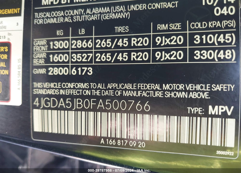 2015 MERCEDES-BENZ ML 350 VIN: 4JGDA5JB0FA500766