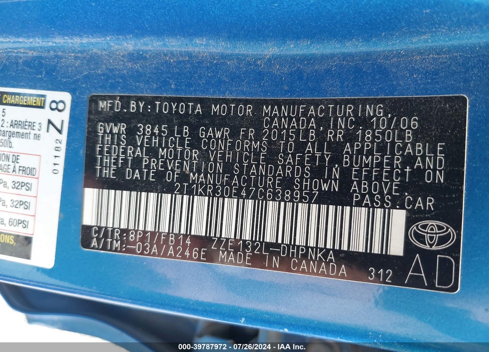 2007 TOYOTA MATRIX VIN: 2T1KR30E47C638957