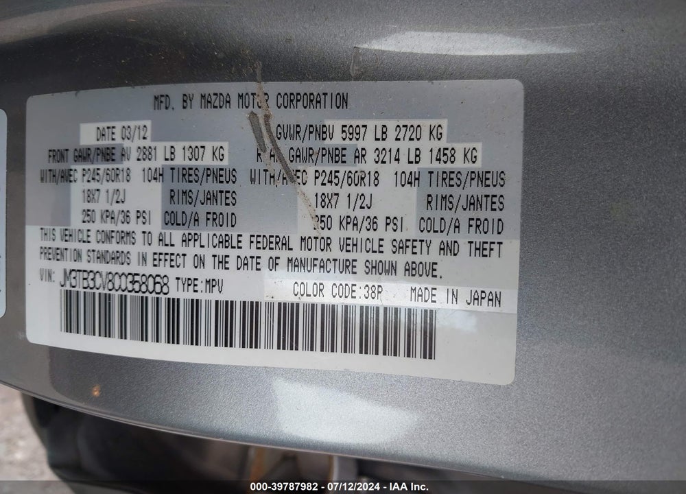 2012 MAZDA CX-9 TOURING VIN: JM3TB3CV8C0358068
