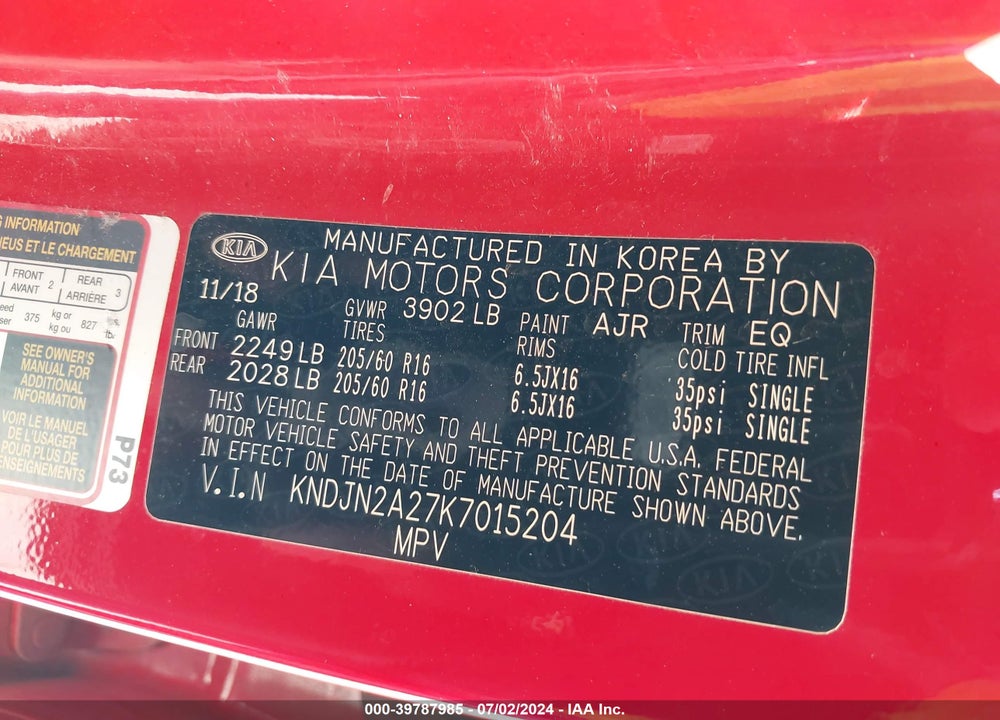 2019 KIA SOUL VIN: KNDJN2A27K7015204