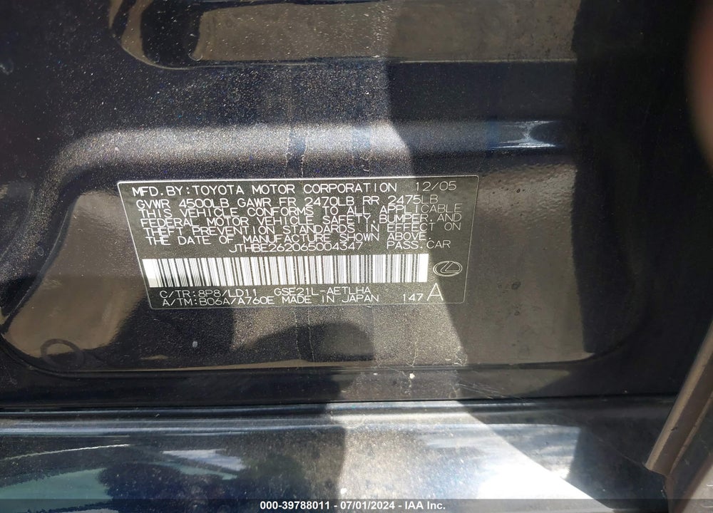 2006 LEXUS IS 350 VIN: JTHBE262065004347
