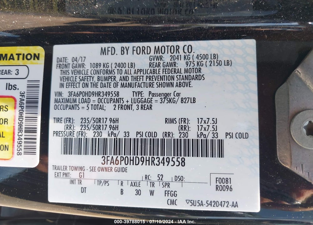 2017 FORD FUSION SE VIN: 3FA6P0HD9HR349558